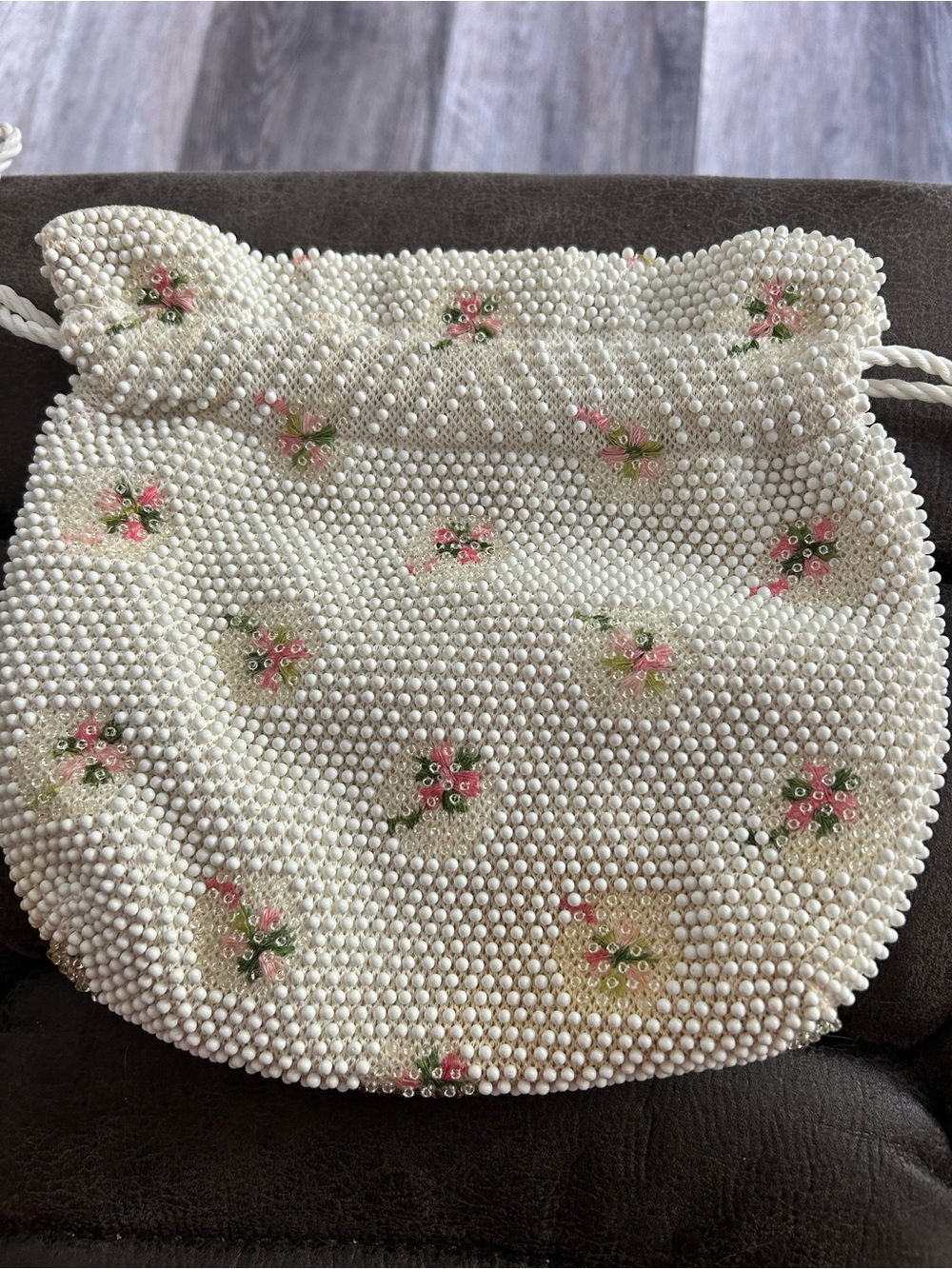 Beaded Floral Drawstring Bag - White with Pink Flowers